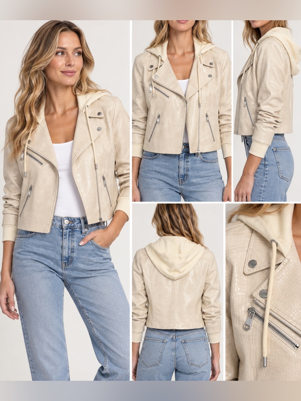 Cinq à Sept Evie Faux Leather Moto Jacket Gardenia Croc Embossed Hooded | L